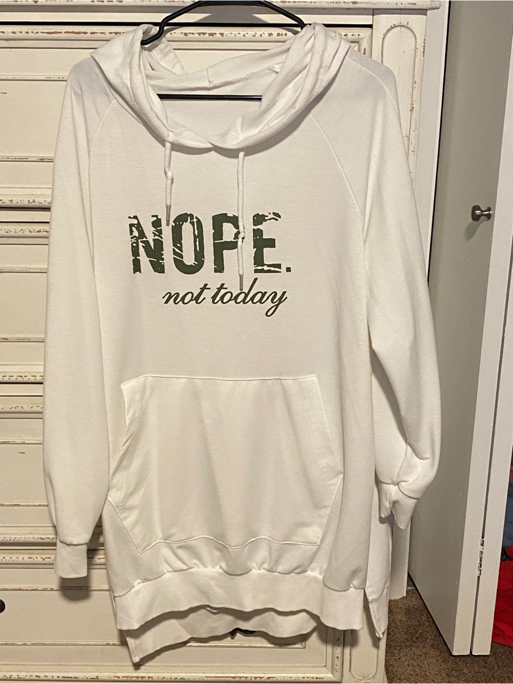 Women's White Cowl Hoodie Sweater with Olive Graphic
